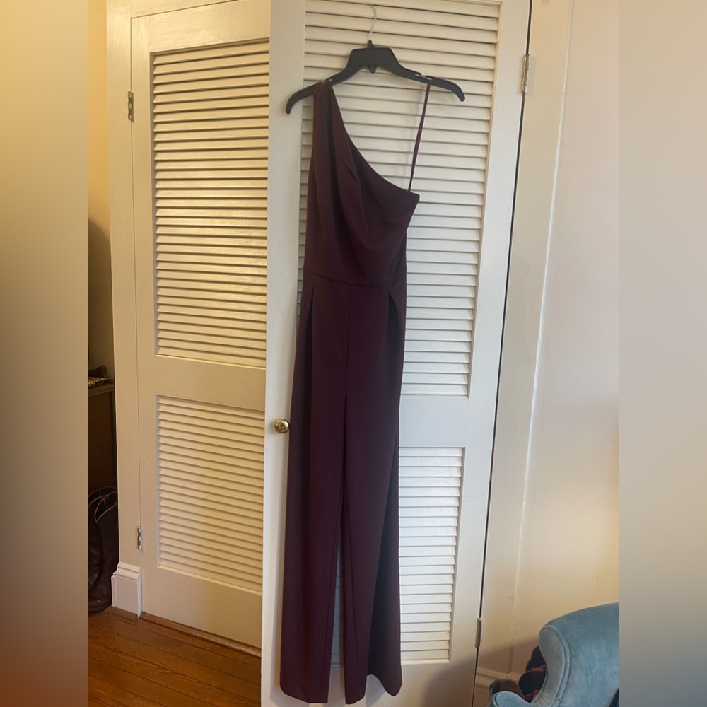 Antonio Melani one-shoulder maroon jump suit